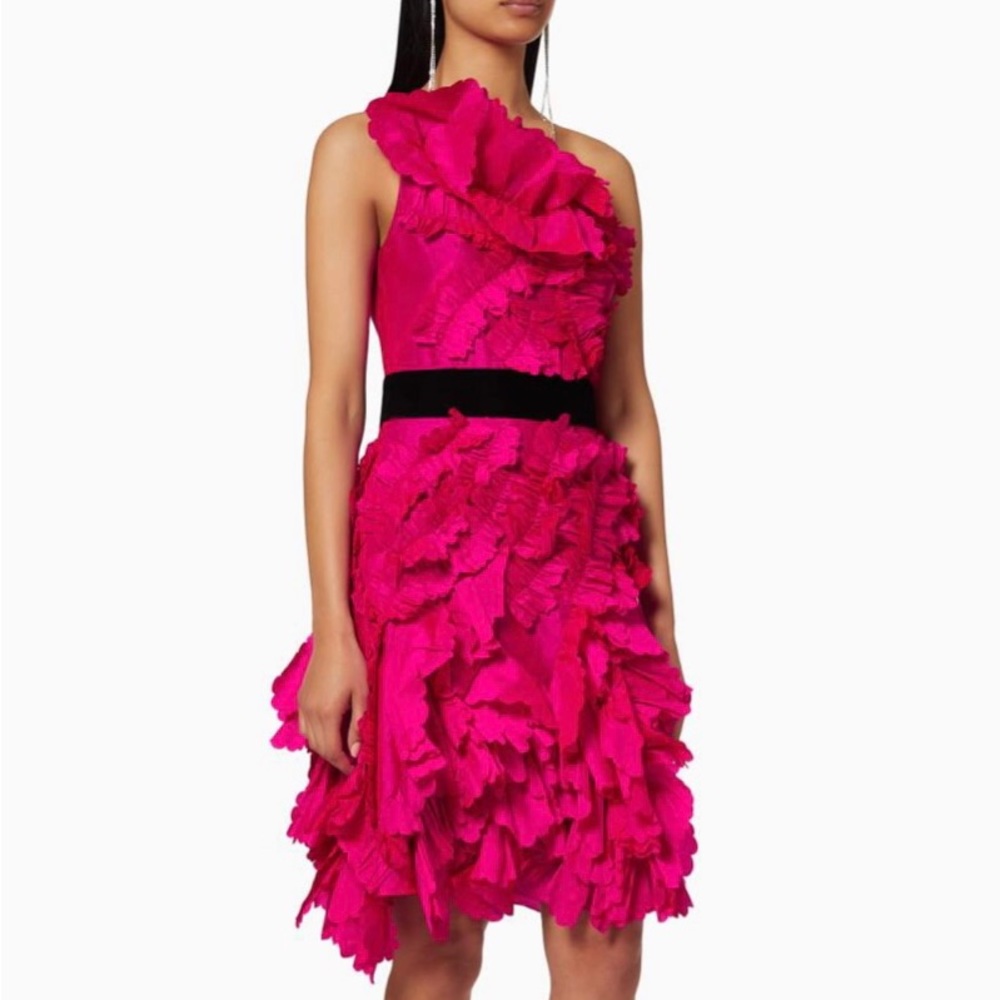 Marchesa one shoulder Floral texture cocktail dress in Fuchsia.